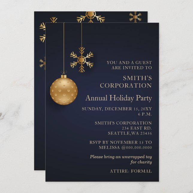 Navy Gold Snowflakes Corporate Holiday Party Einladung (Vorne/Hinten)