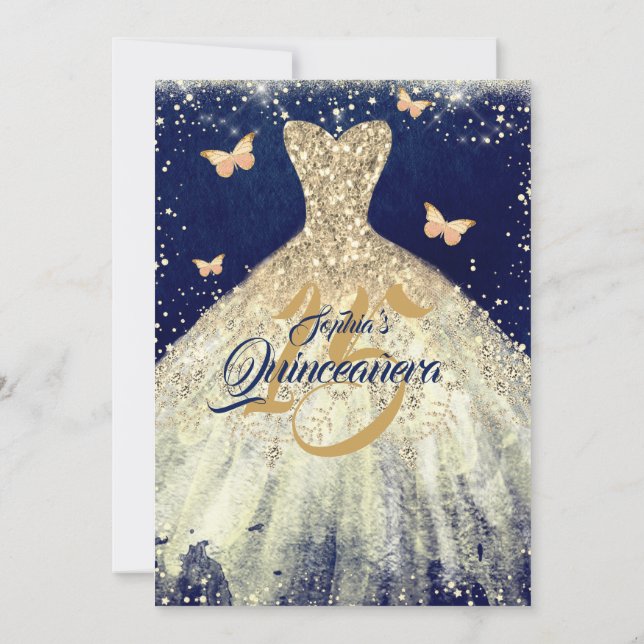 Navy Gold Sparkle Butterfly Dress Quinceanera Einladung (Rückseite)