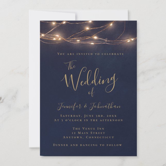 Navy Gold String Lights Hochzeitseinladungen Einladung (Vorderseite)