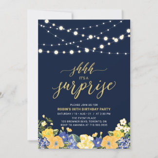 Navy & Gold String Lights Überraschung Geburtstags Einladung
