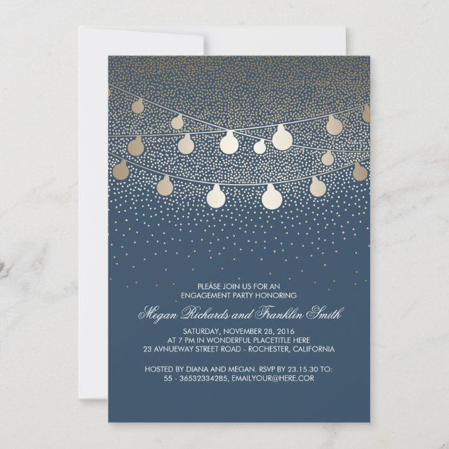 Navy Gold String Lights Vintage Engagement Party Einladung (Vorderseite)