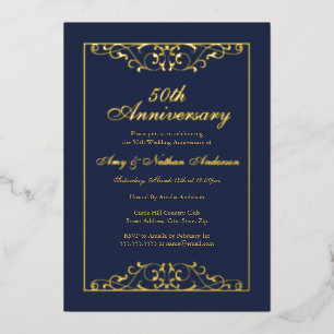 Navy Gold Swirl 50. Hochzeitstag  Folieneinladung
