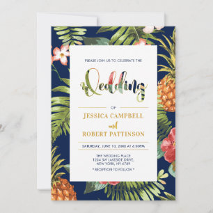 Navy & Gold Tropische Sommerhochzeits-Einladung Einladung
