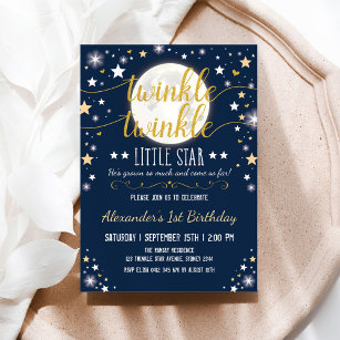 Navy Gold Twinkle Little Star Moon 1. Geburtstag Einladung