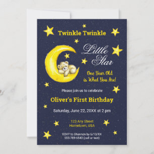 Navy Gold Twinkle Little Star Moon 1. Geburtstag Einladung