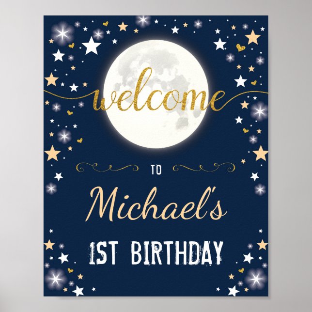 Navy Gold Twinkle Star Boy Birthday Moon Galaxy Poster (Vorne)