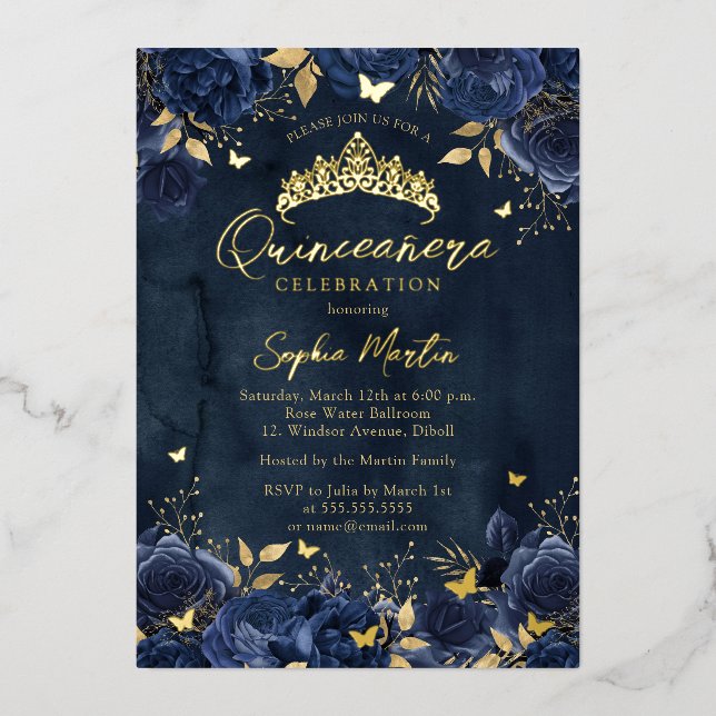 Navy Gold verzaubert Floral Butterfly Quinceanera Folieneinladung (Vorderseite)