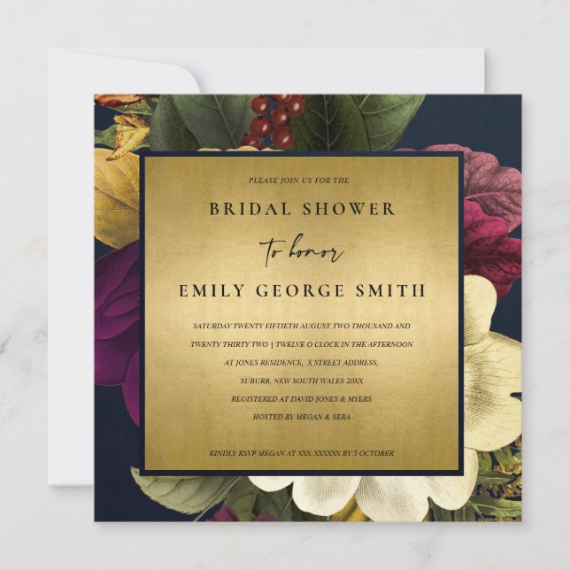 NAVY GOLD VINTAG BURGUNDY FLORAL BRAUTPARTY EINLADUNG (Vorderseite)