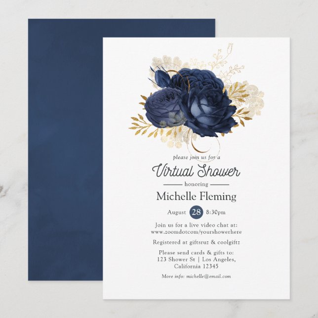 Navy & Gold Vintage Virtuelle Babyparty oder Braut Einladung (Vorne/Hinten)