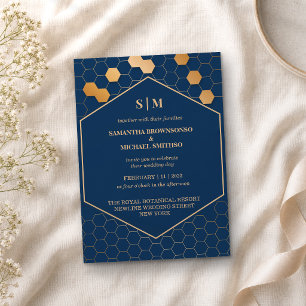 Navy Gold Waben-Hochzeit Einladung