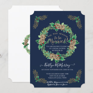 Navy Gold Watercolor Holly Wreath Brautparty Einladung