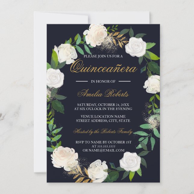 Navy Gold Watercolor Wreath Quinceanera Einladung (Vorderseite)