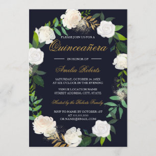 Navy Gold Watercolor Wreath Quinceanera Einladung