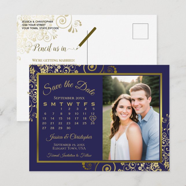 Navy & Gold Wedding Speichern Sie das Date Calenda Ankündigungspostkarte (Vorne/Hinten)