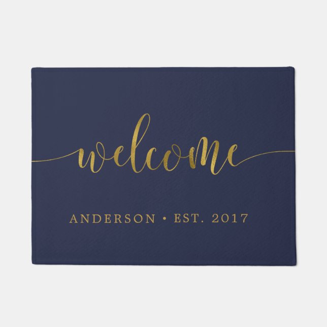 Navy Gold Welcome Calligraphy Personalisiert Doorm Fußmatte (Vorderseite)