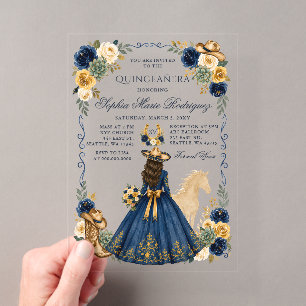 Navy Gold Western Horse Floral Charra Quinceañera Acryleinladungen