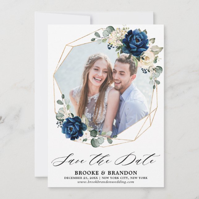 Navy Gold White Champagne Elfenbeinische Rose Save The Date (Vorderseite)