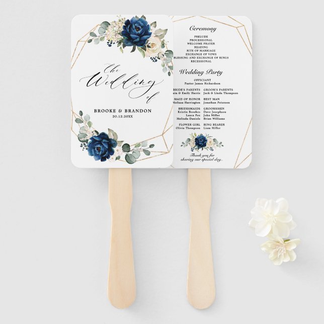 Navy Gold White Champagne Ivory Geometric Programm Fächer (Vorne und Hinten)