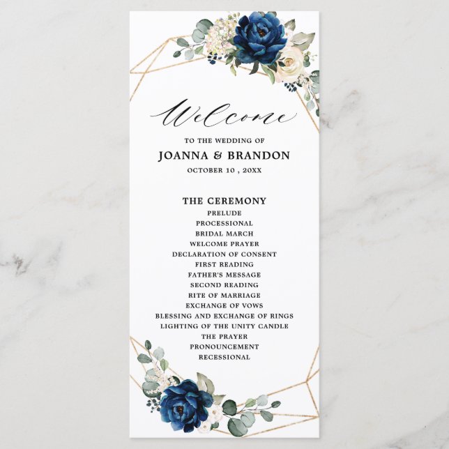 Navy Gold White Champagne Ivory Geometric Wedding Programm (Vorderseite)