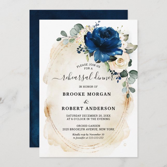 Navy Gold White Champagne Ivory Probe Dinner Einladung (Vorne/Hinten)