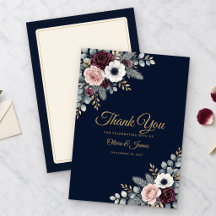 Navy Gold Winter Floral Hochzeit Danke Karte