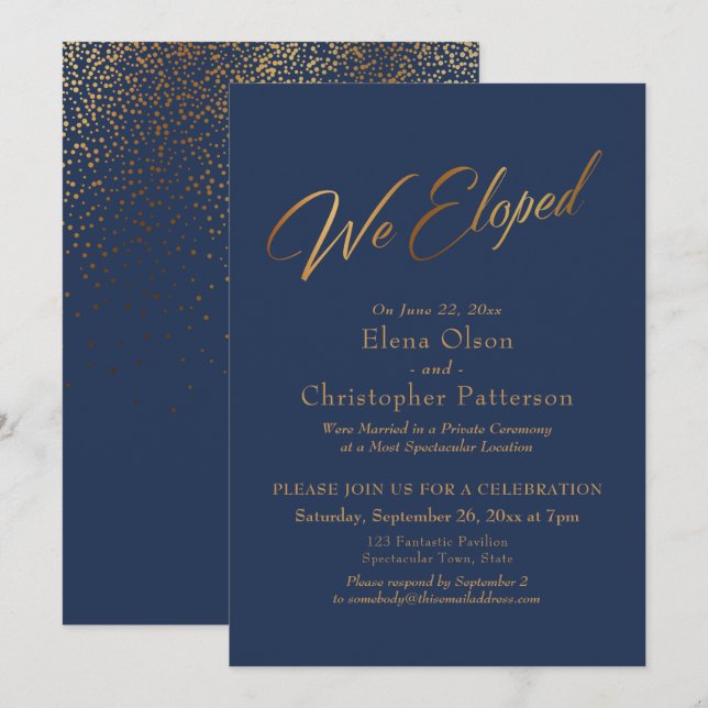 Navy & Gold Wir haben Script Confetti Empfang Einladung (Vorne/Hinten)