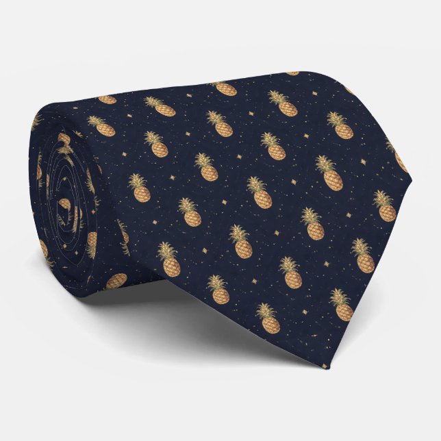 Navy Golden Ananas Tropical Muster Krawatte (Gerollt)