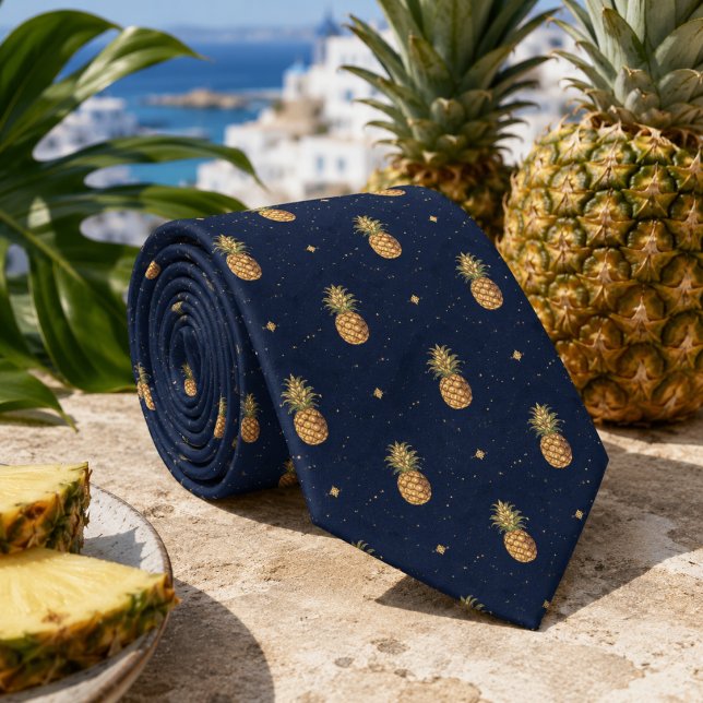 Navy Golden Ananas Tropical Muster Krawatte (Von Creator hochgeladen)