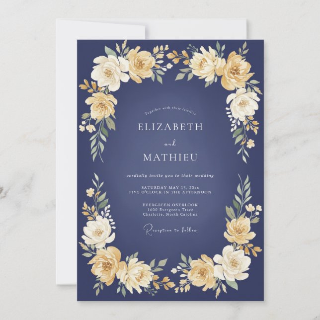 Navy Golden Bloom Wedding Einladung (Vorderseite)