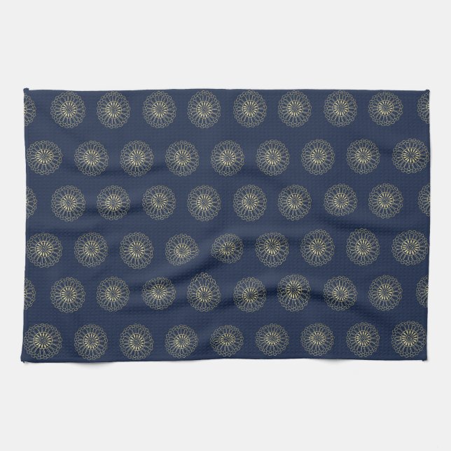 Navy | Golden Zinnia Flower Medallions Geschirrtuch (Horizontal)