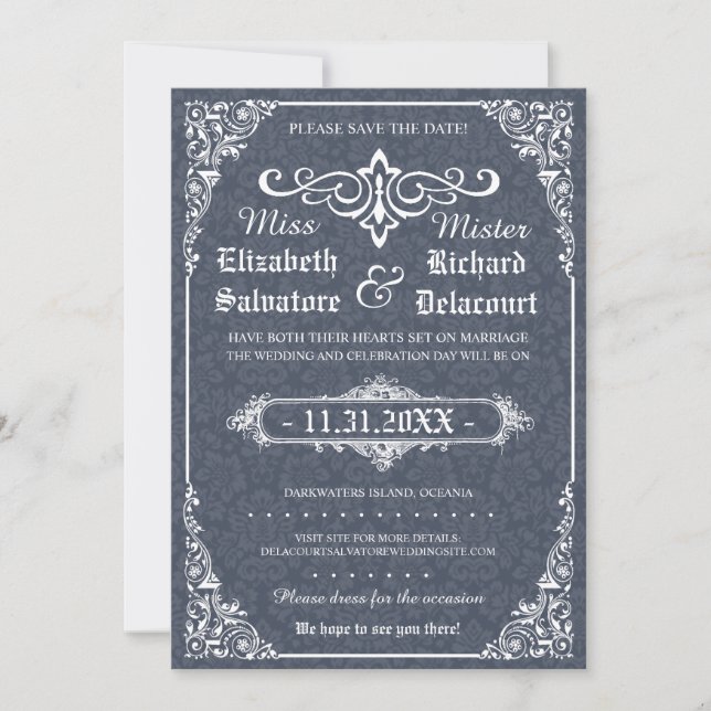Navy Gothic Viktorianisch Damask Save the Data Save The Date (Vorderseite)