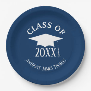 Navy Grad Cap und Blätter Papier Teller 9"