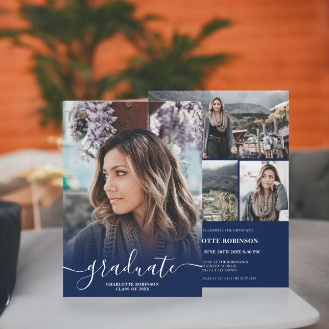 Navy Graduate Script Foto Abschluss Einladung (Navy blue graduate script photo graduation invitation)