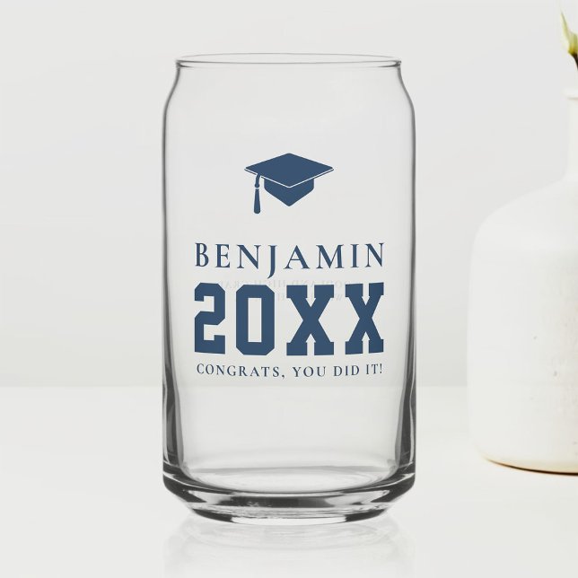 Navy Graduation Cap Personalisiert einfaches Grand Dosenglas (graduation party personalized glass grad gift high school college boys men typography navy blue)
