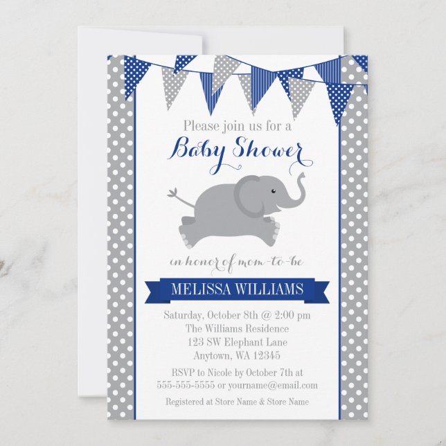 Navy Gray Elephant Polka Dot Bunting Baby Shower Einladung (Vorderseite)