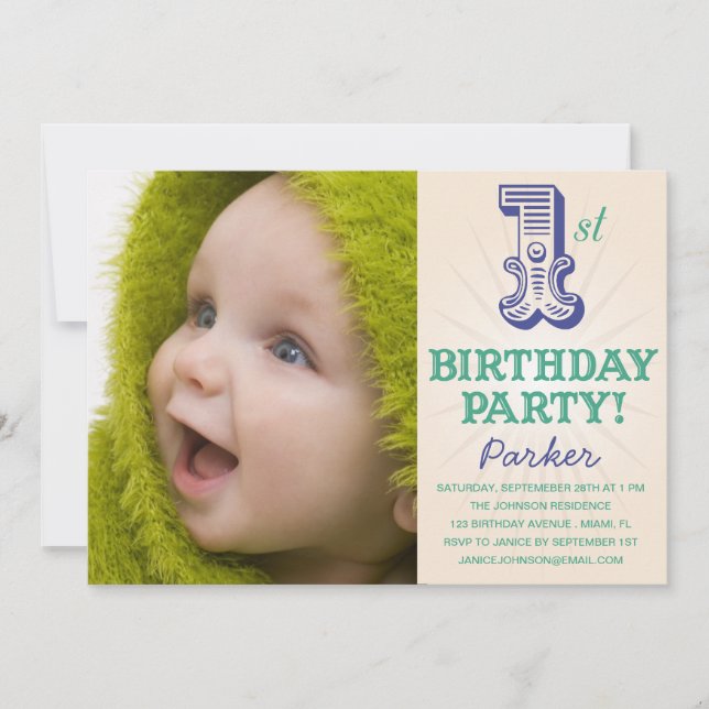 NAVY & GREEN 1ST| ERSTE BIRTHTAGINVITÄT EINLADUNG (Vorderseite)