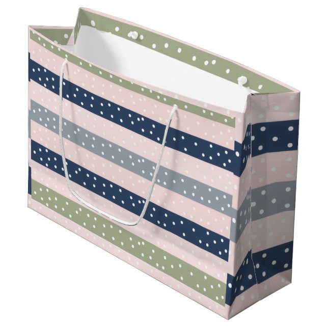 Navy Green and Gray Polka Stripe Pattern – Elegant Große Geschenktüte (Vorderseite Schrägansicht)