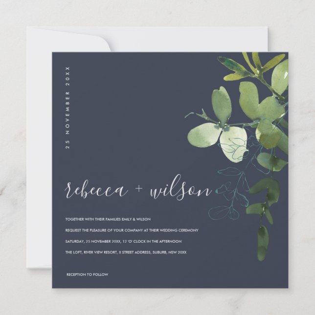 NAVY GREEN EUCALYPTUS FOLIAGE WATERCOLOR WEDD EINLADUNG (Vorderseite)