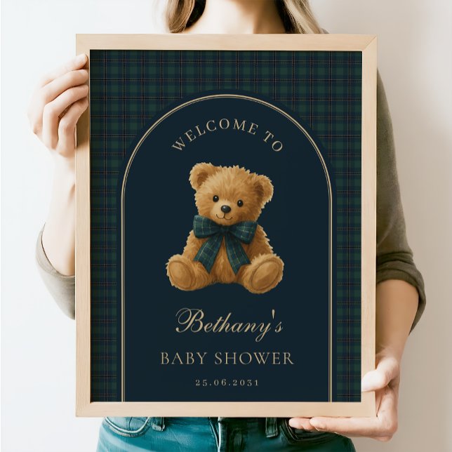Navy Green Plaid Teddy Bear Baby Shower Welcome Poster (Von Creator hochgeladen)