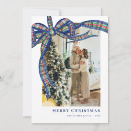 Navy Green Tartan Bow Weihnachtskarte Foto Feiertagskarte