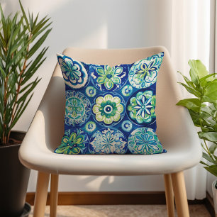 Navy Green Turquoise Boho Floral Kissen