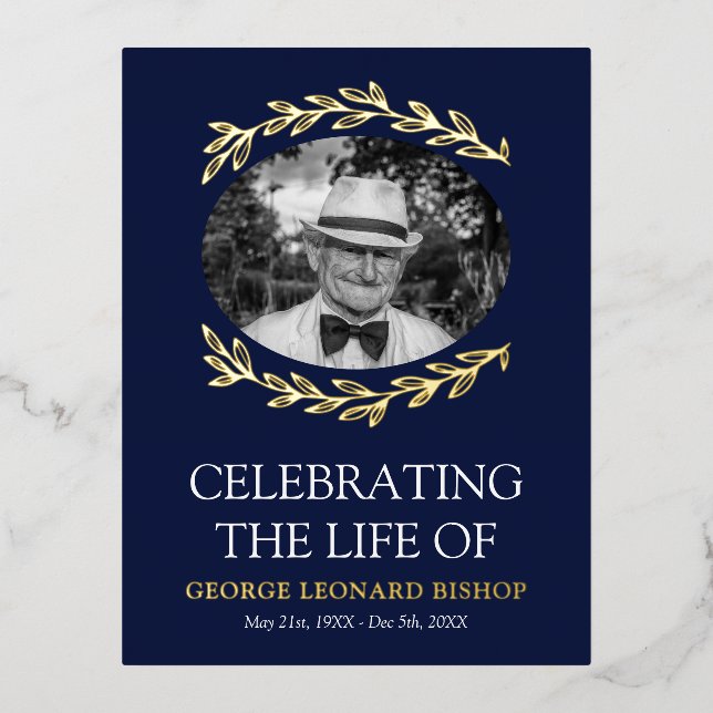 Navy Greenerenery Rahmen Oval Foto Beerdigung Gold Folie Einladungspostkarte (Vorderseite)