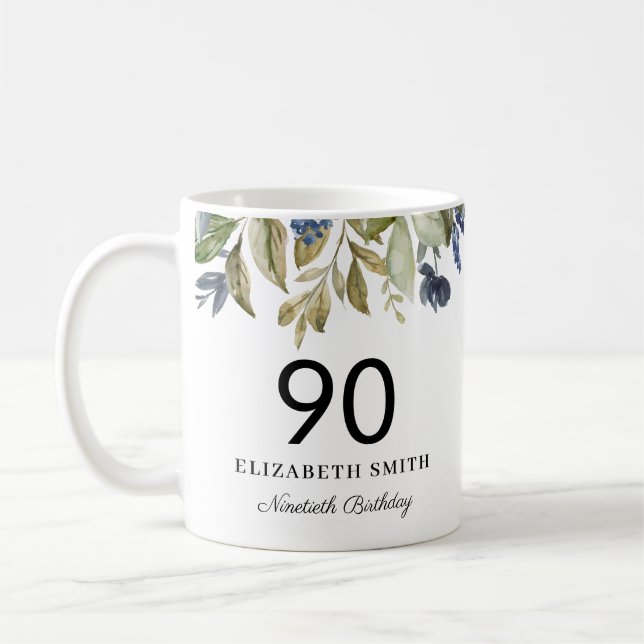 Navy Greenery Blätter Personalisiert 90. Geburtsta Kaffeetasse (Links)