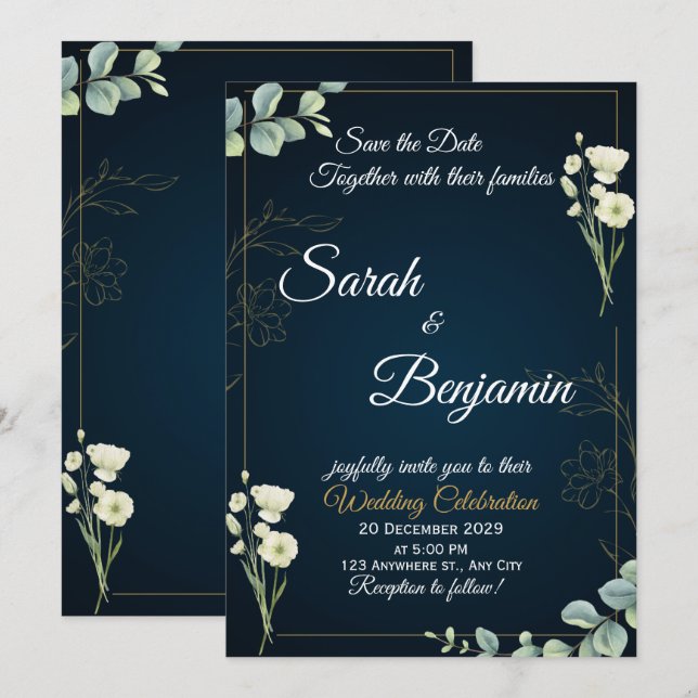 Navy Grün Elegante Hochzeitseinladung Einladung (Vorne/Hinten)