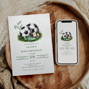 Navy grüne Fußball-Kinder Wasserfarben Einladung