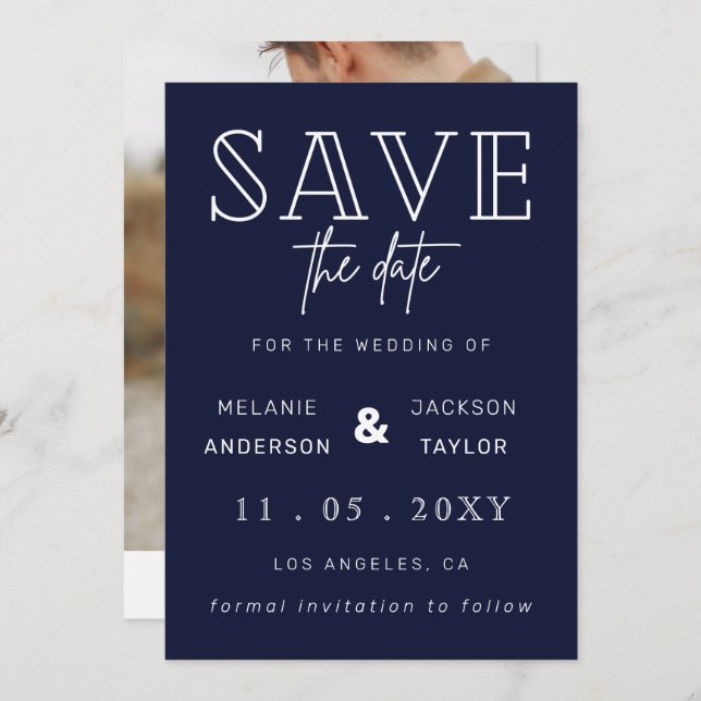 Navy Handgeschriebenes Kalligrafie-Foto Save the D Save The Date (Vorne/Hinten)
