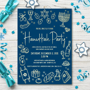 Navy Hanukkah Handgezeichnete Doodles Party Echtgo Folien Feiertagskarte