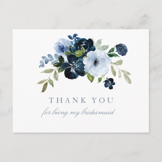 Navy & hellblaue Blumenkarte danke Bridesmaid Kart Einladungspostkarte (Vorderseite)