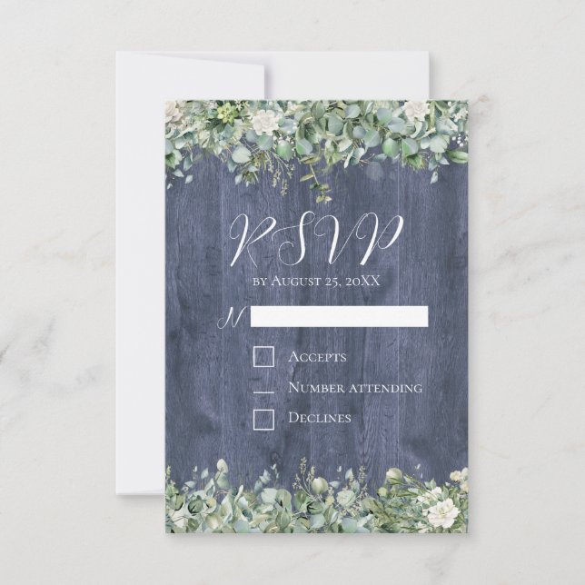 Navy Holz Eukalyptus Hochzeit RSVP Karte | Rustika (Vorderseite)