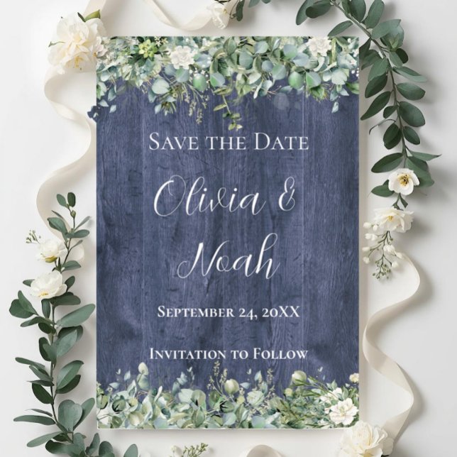 Navy Holz Eukalyptus Save-the-Date | Rustikal Einladung (Von Creator hochgeladen)